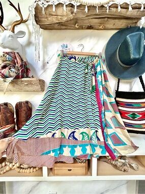 Reversible Silk Boho Chevron Wrap Skirt w hippy festival Gypsy patchwork vibe